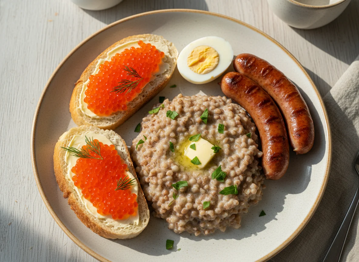 Завтрак с гречкой, сосисками и бутербродами с икрой photo