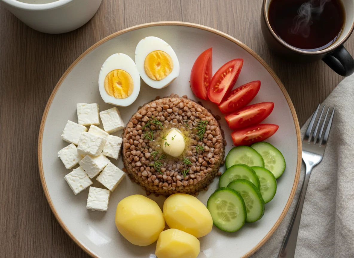 Завтрак с гречкой, сыром, овощами и яйцами photo