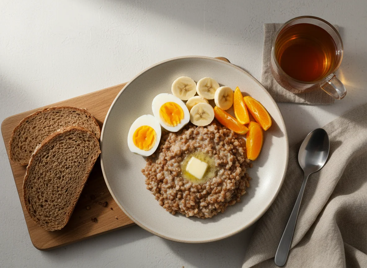 Завтрак с гречневой кашей, яйцами и фруктами photo