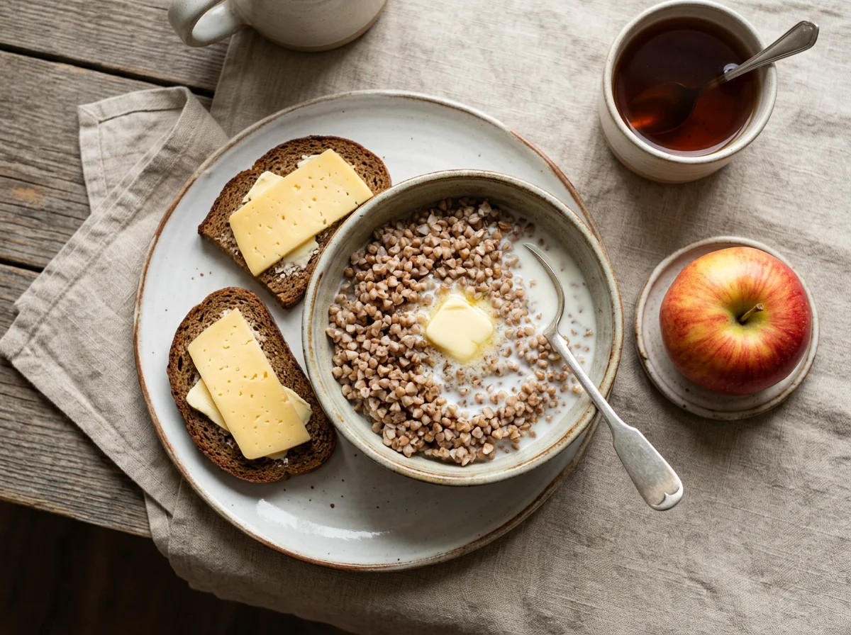 Завтрак с гречневой кашей, бутербродами и яблоком photo