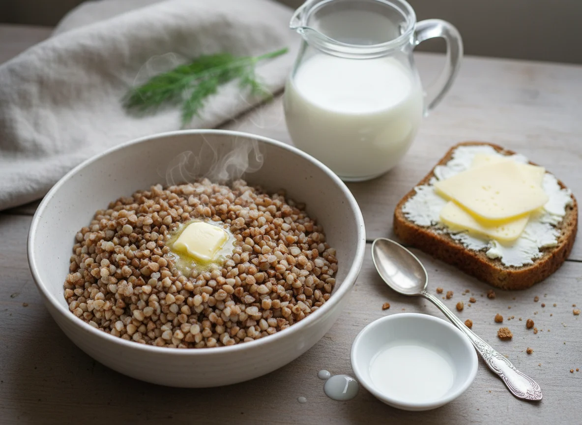 Завтрак с гречневой кашей и бутербродом photo