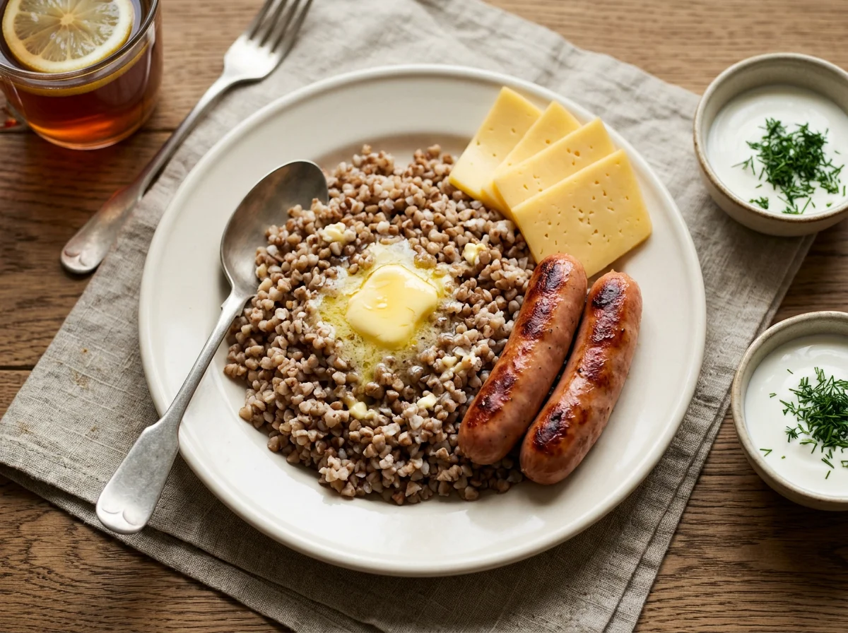 Завтрак с гречневой кашей, сосисками, сыром и маслом photo