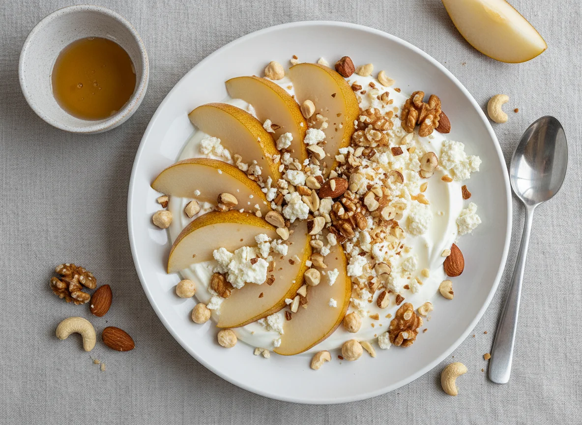 Завтрак с грушей, йогуртом и орехами photo