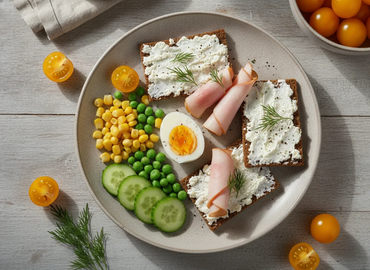 Завтрак с хлебцами, яйцом и овощами photo