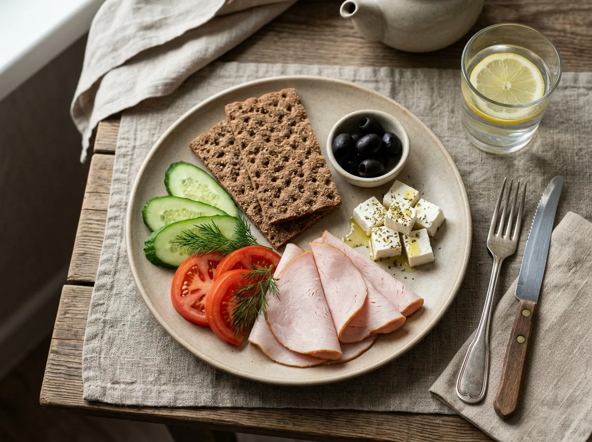 Завтрак с хлебцами, овощами, мясом и сыром photo