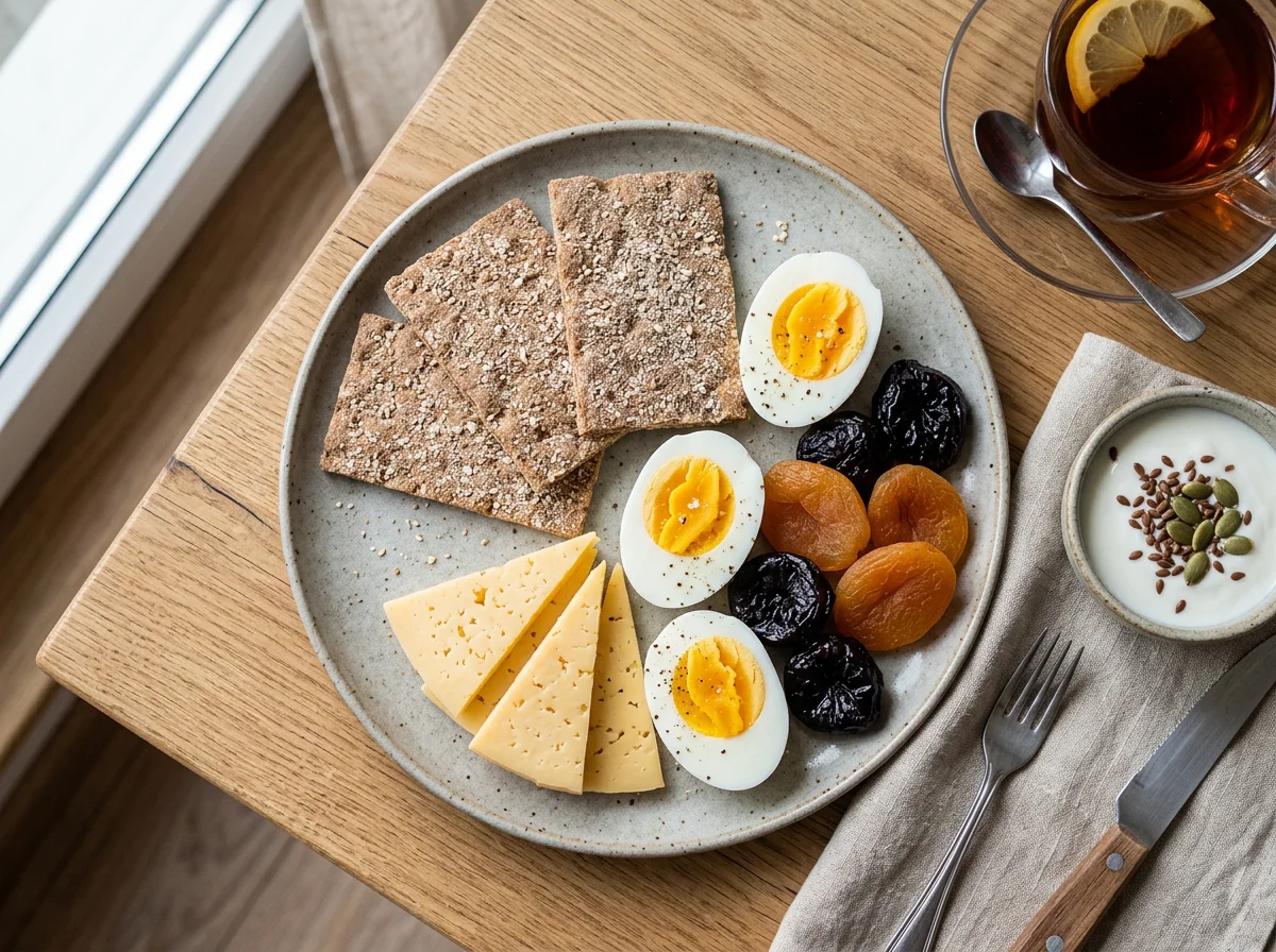 Завтрак с хлебцами, сыром, яйцами и сухофруктами photo