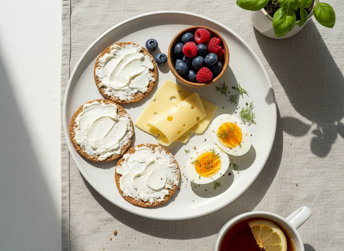 Завтрак с хлебцами, сыром и яйцами photo