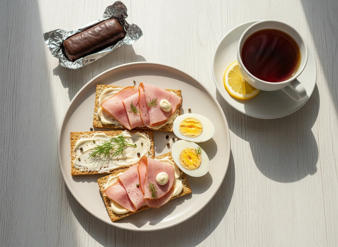 Завтрак с хлебцами, ветчиной, яйцами и чаем photo
