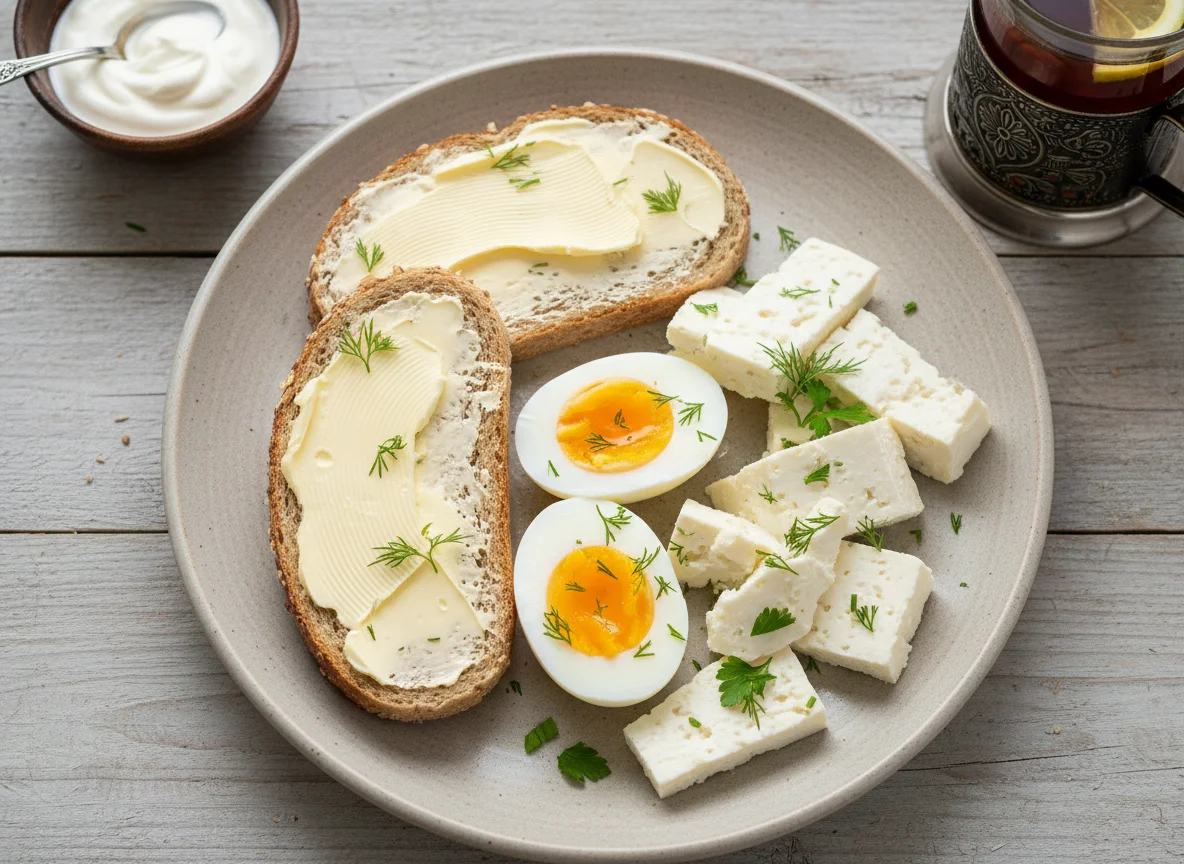 Завтрак с хлебом, яйцами и сыром photo