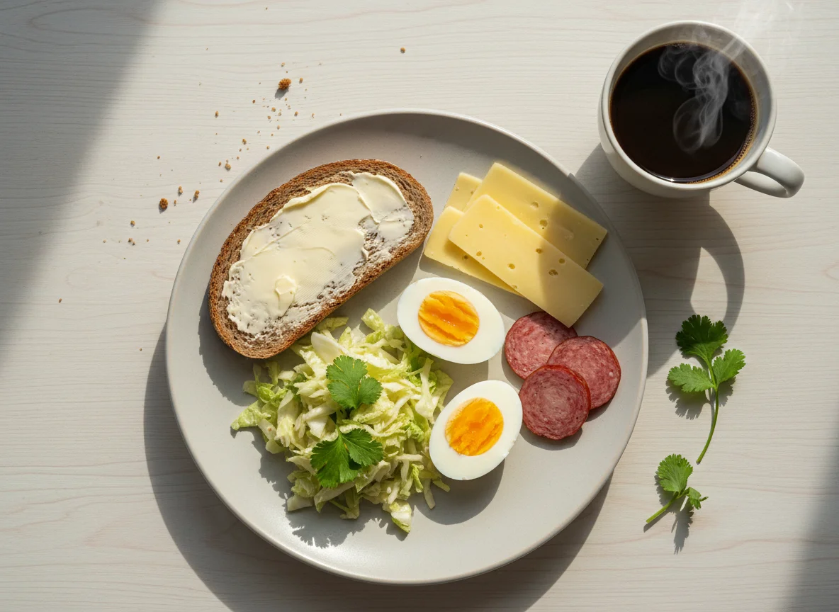 Завтрак с хлебом, яйцом, сыром и колбасой photo