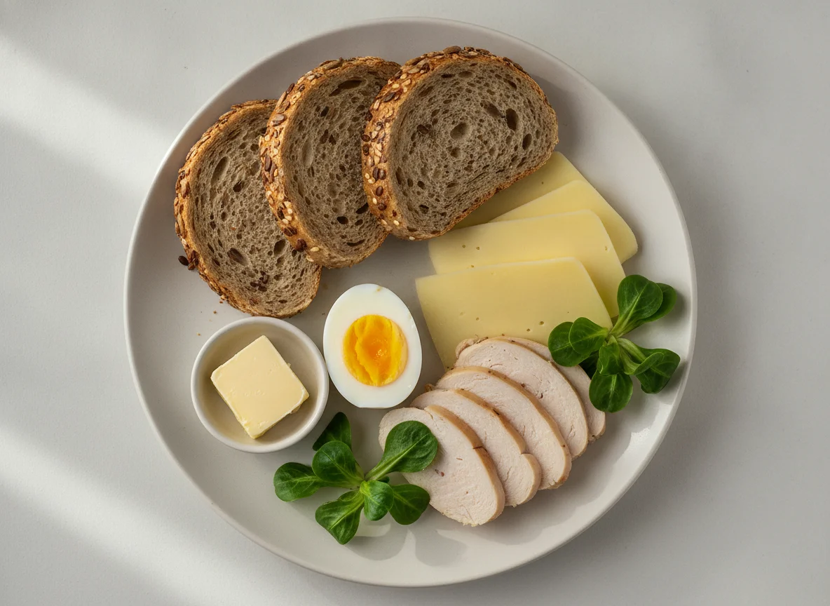 Завтрак с хлебом, яйцом, сыром и мясом photo