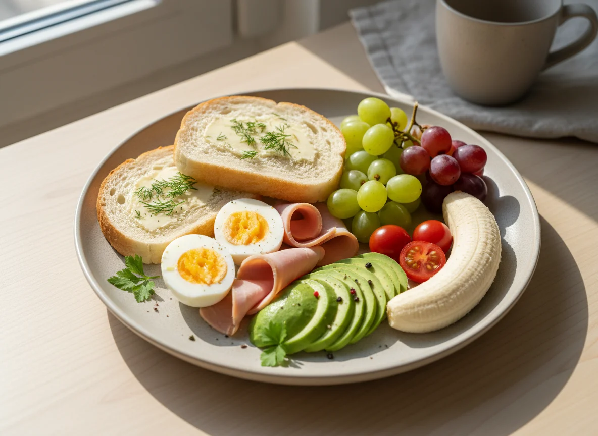 Завтрак с хлебом, яйцом, ветчиной и фруктами photo