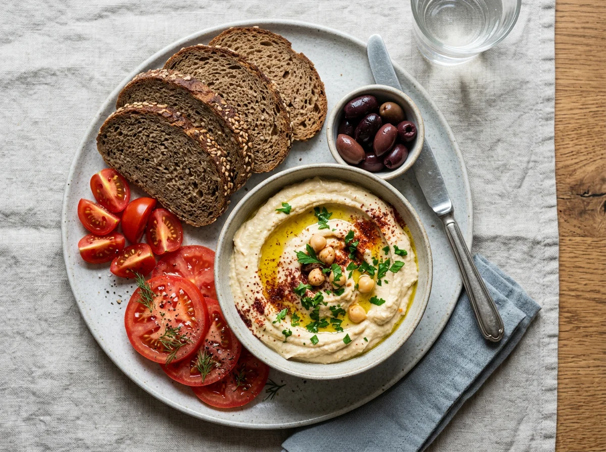 Завтрак с хлебом, хумусом, помидорами и оливками photo