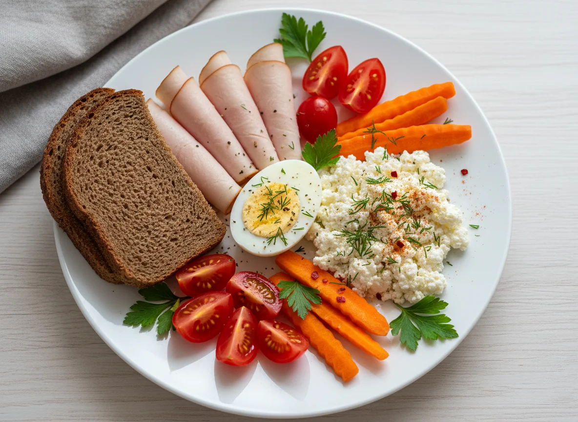 Завтрак с хлебом, индейкой, яйцами, творогом и овощами photo