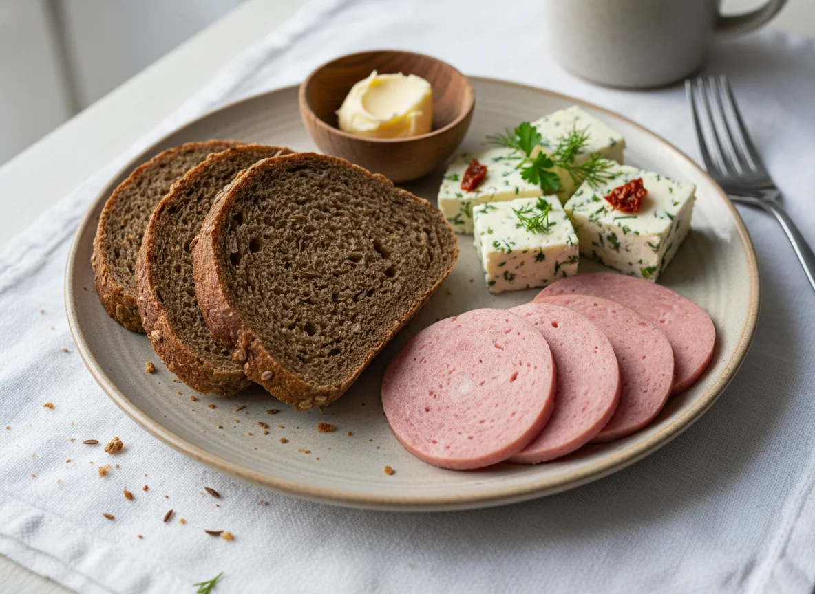 Завтрак с хлебом, колбасой и сыром photo