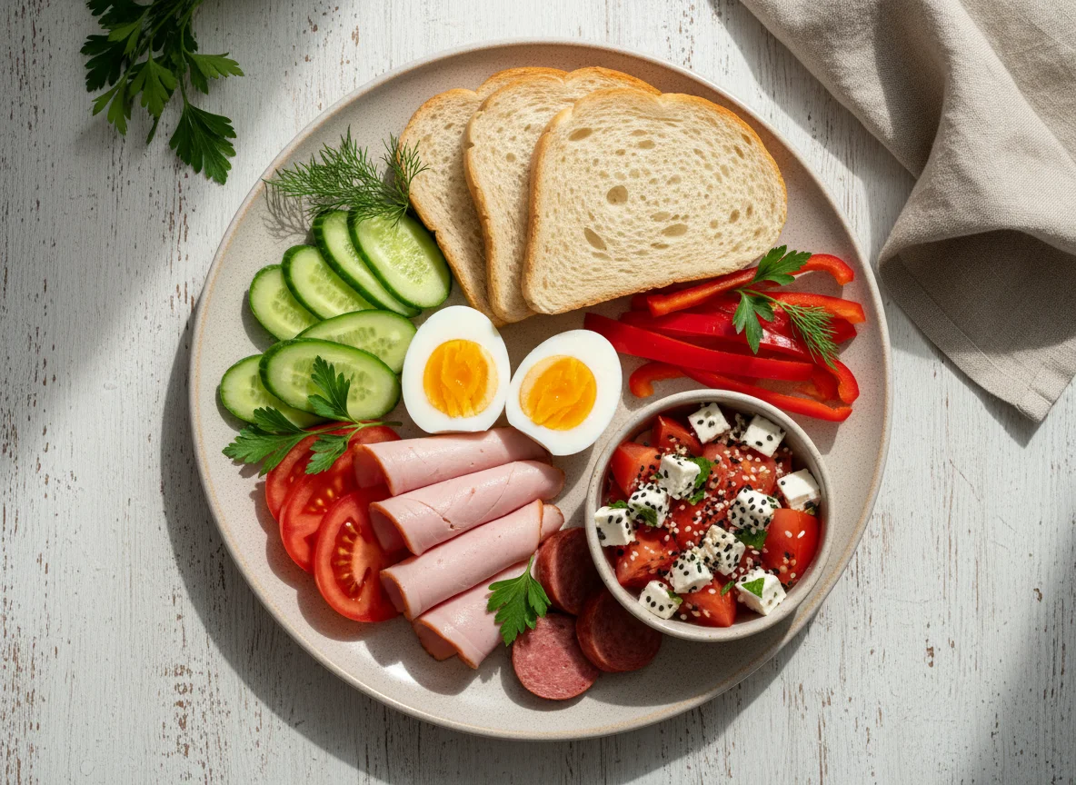 Завтрак с хлебом, колбасой, овощами и яйцами photo