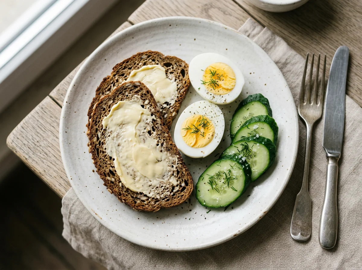 Завтрак с хлебом, огурцами и яйцом photo
