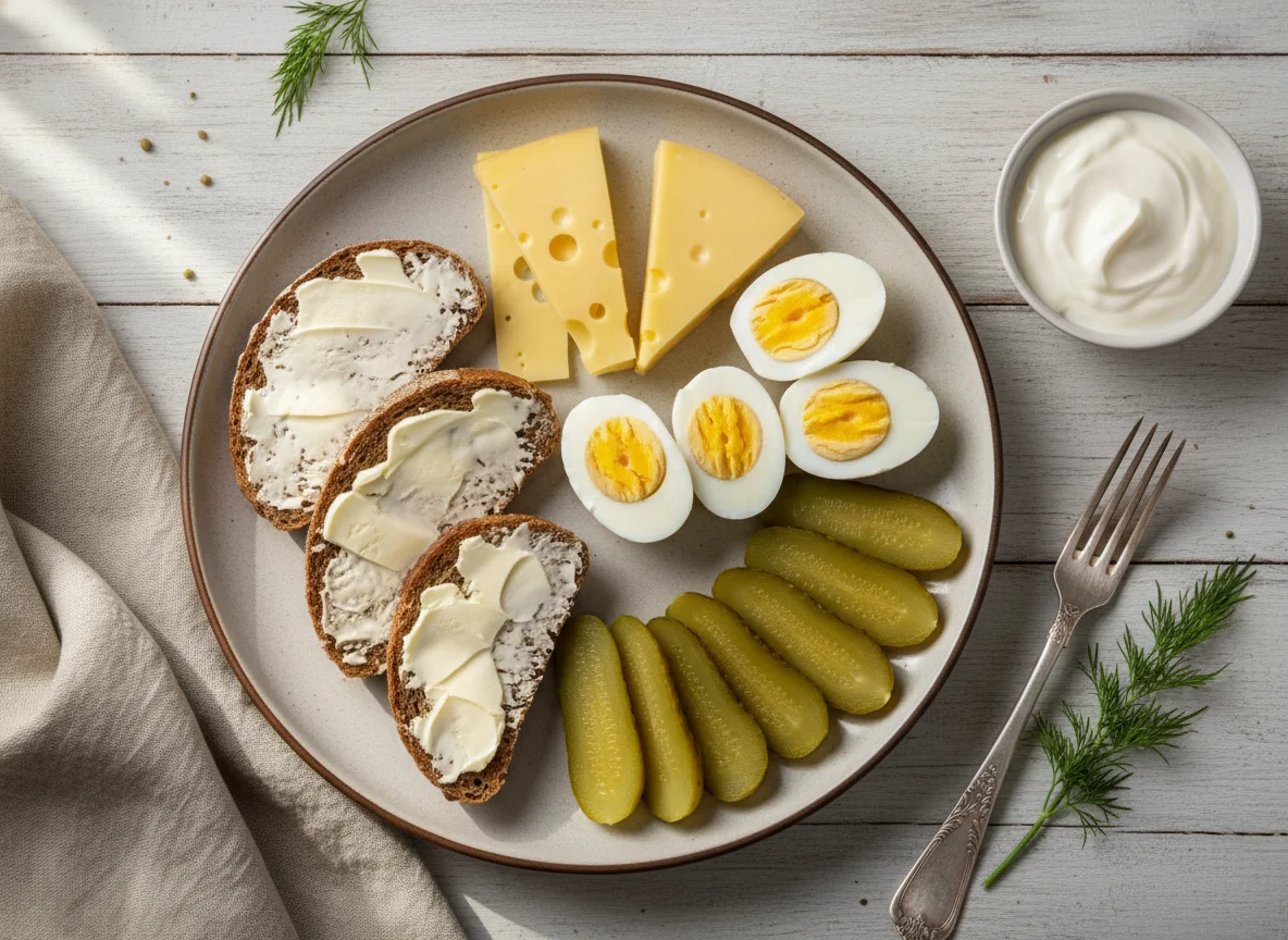 Завтрак с хлебом, сыром, яйцами и огурцами photo