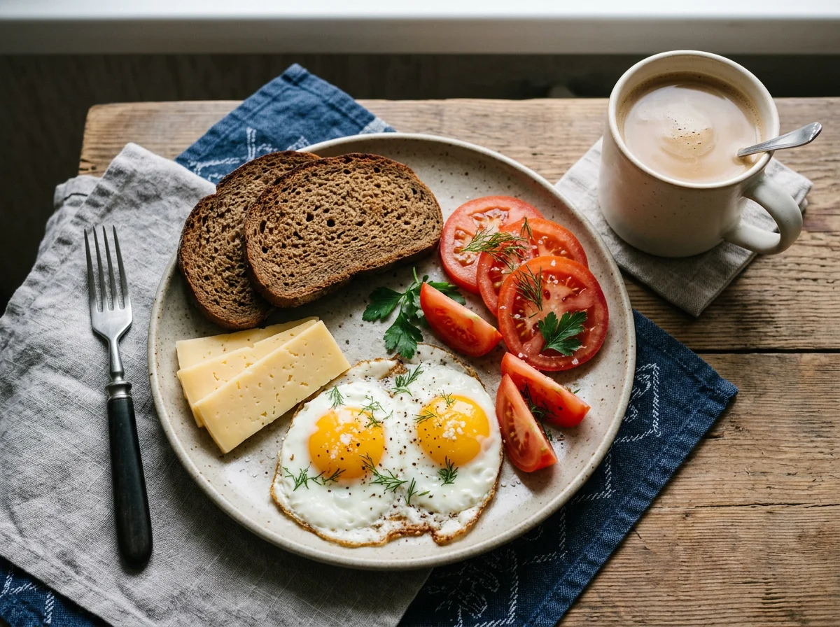 Завтрак с хлебом, сыром, яйцами, помидором и кофе photo