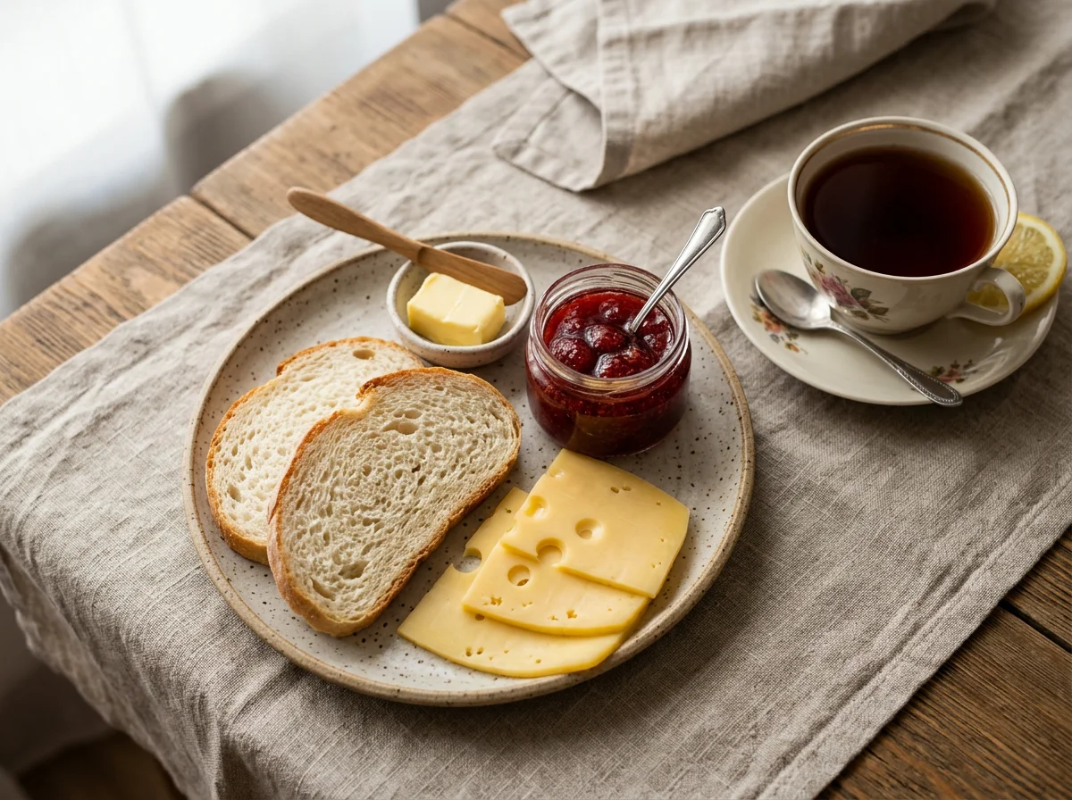 Завтрак с хлебом, сыром, джемом и чаем photo