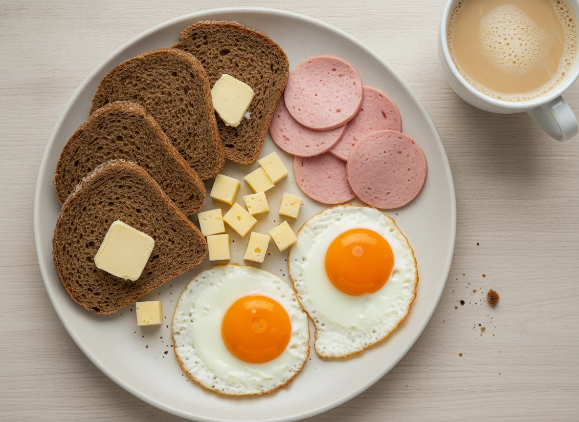 Завтрак с хлебом, сыром, колбасой и яйцами photo