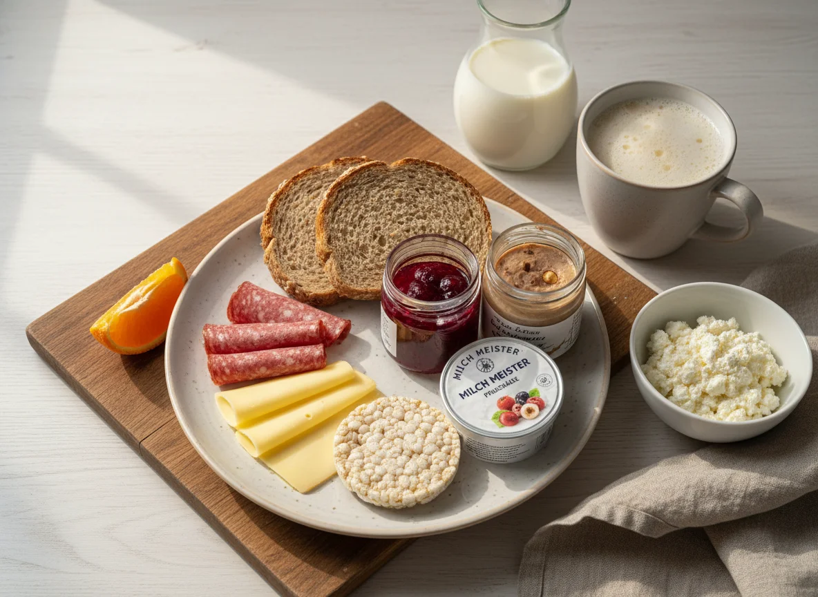 Завтрак с хлебом, сыром, колбасой и молочными продуктами photo