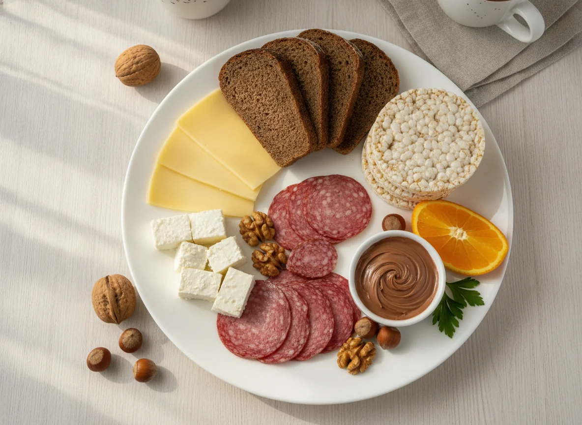 Завтрак с хлебом, сыром, колбасой, рисовым хлебцем, апельсином и ореховой пастой photo
