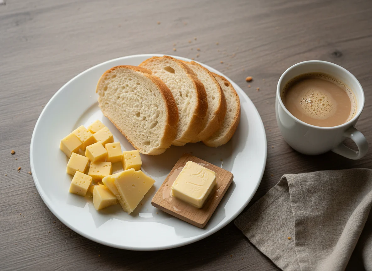 Завтрак с хлебом, сыром, маслом и кофе photo