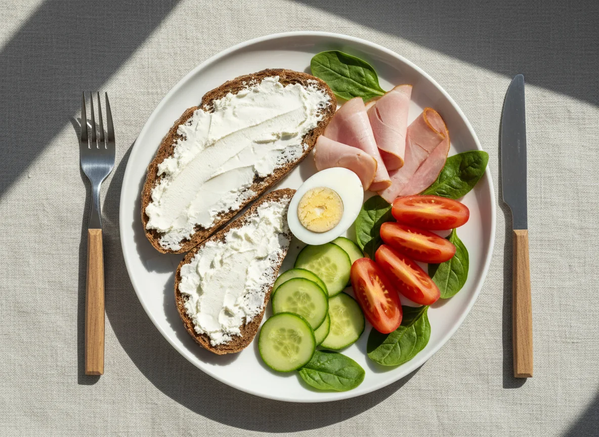 Завтрак с хлебом, ветчиной и овощами photo