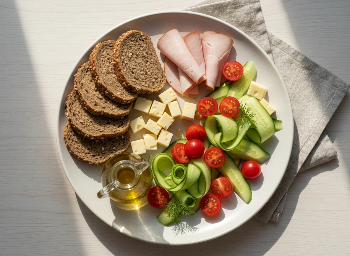 Завтрак с хлебом, ветчиной, сыром и овощами photo