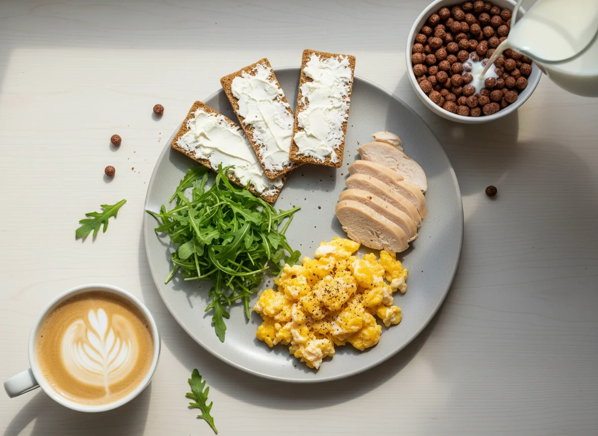 Завтрак с хлопьями, яичницей, курицей и кофе photo