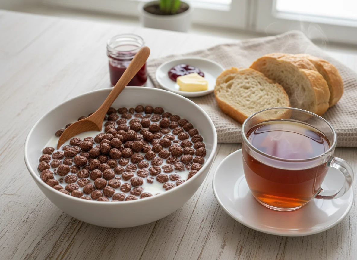 Завтрак с хлопьями и чаем photo