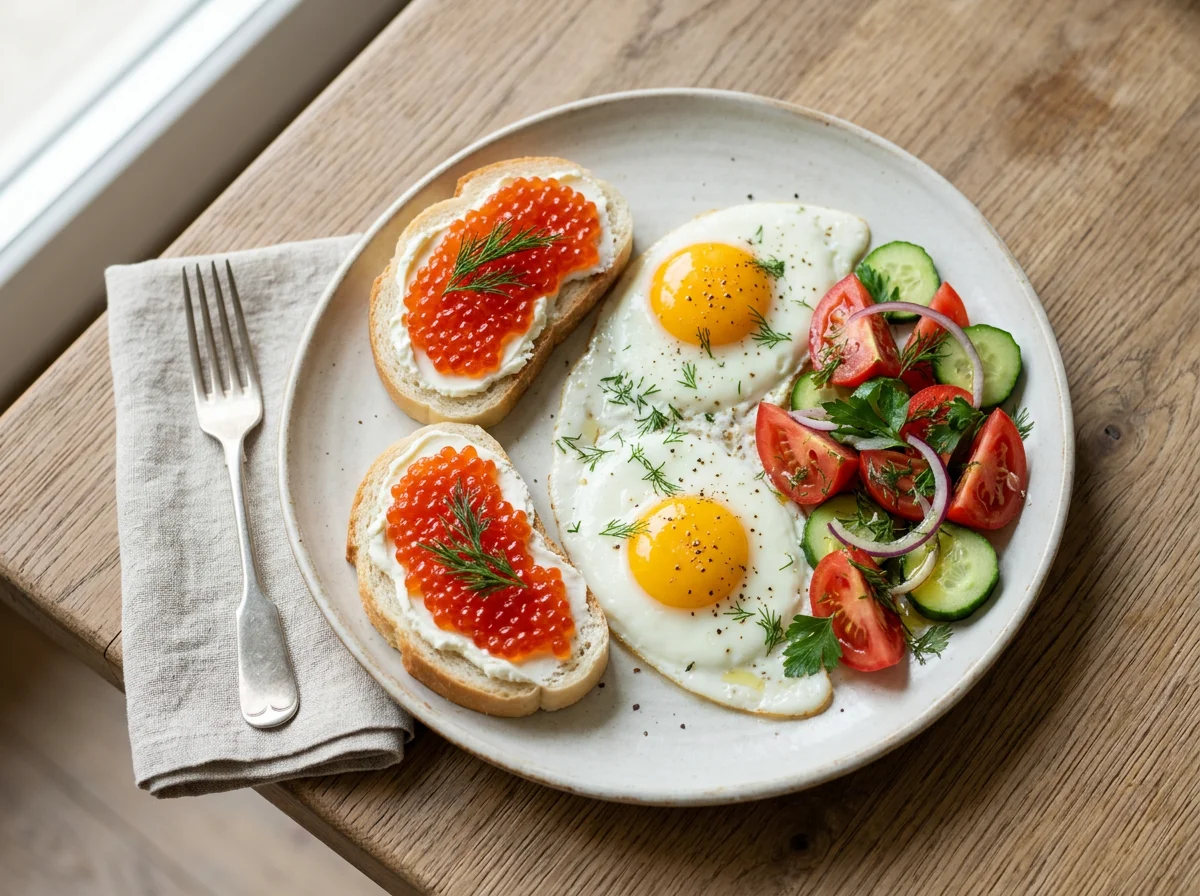 Завтрак с икрой, яичницей и салатом photo