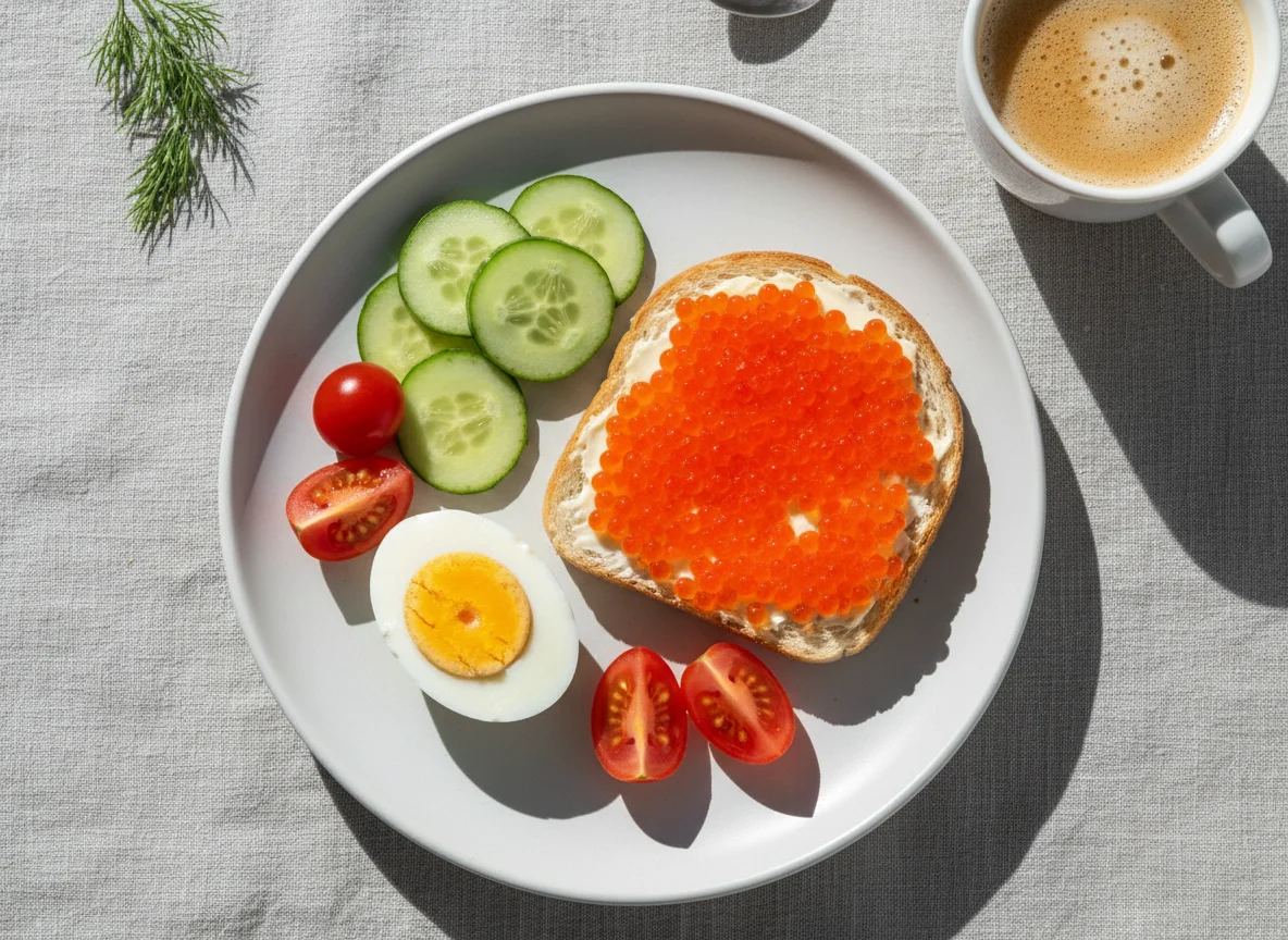 Завтрак с икрой, яйцами и овощами photo