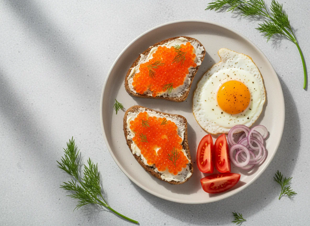 Завтрак с икрой и яичницей photo