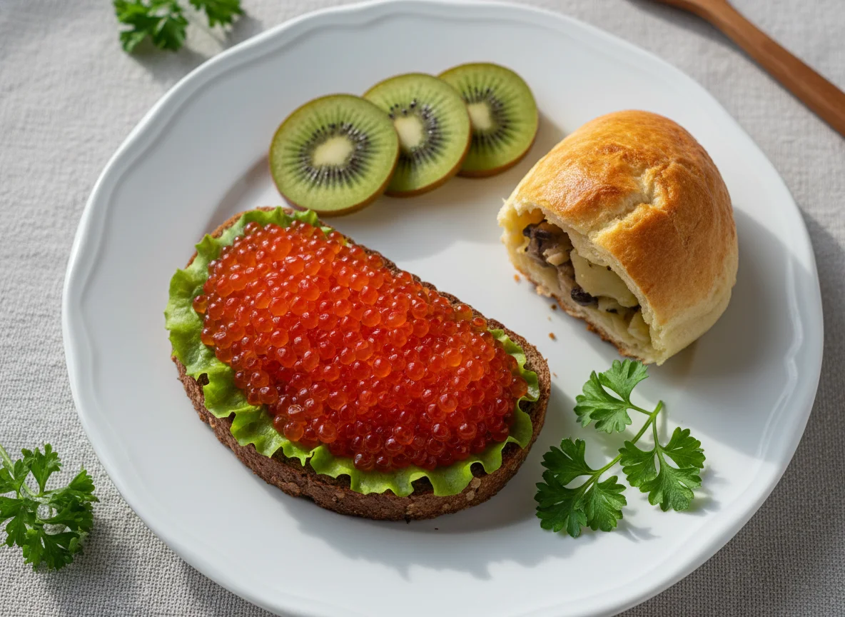 Завтрак с икрой, пирожком и фруктами photo
