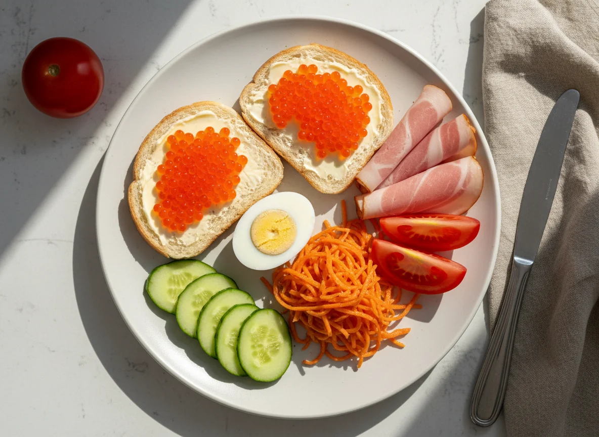 Завтрак с икрой, ветчиной и овощами photo