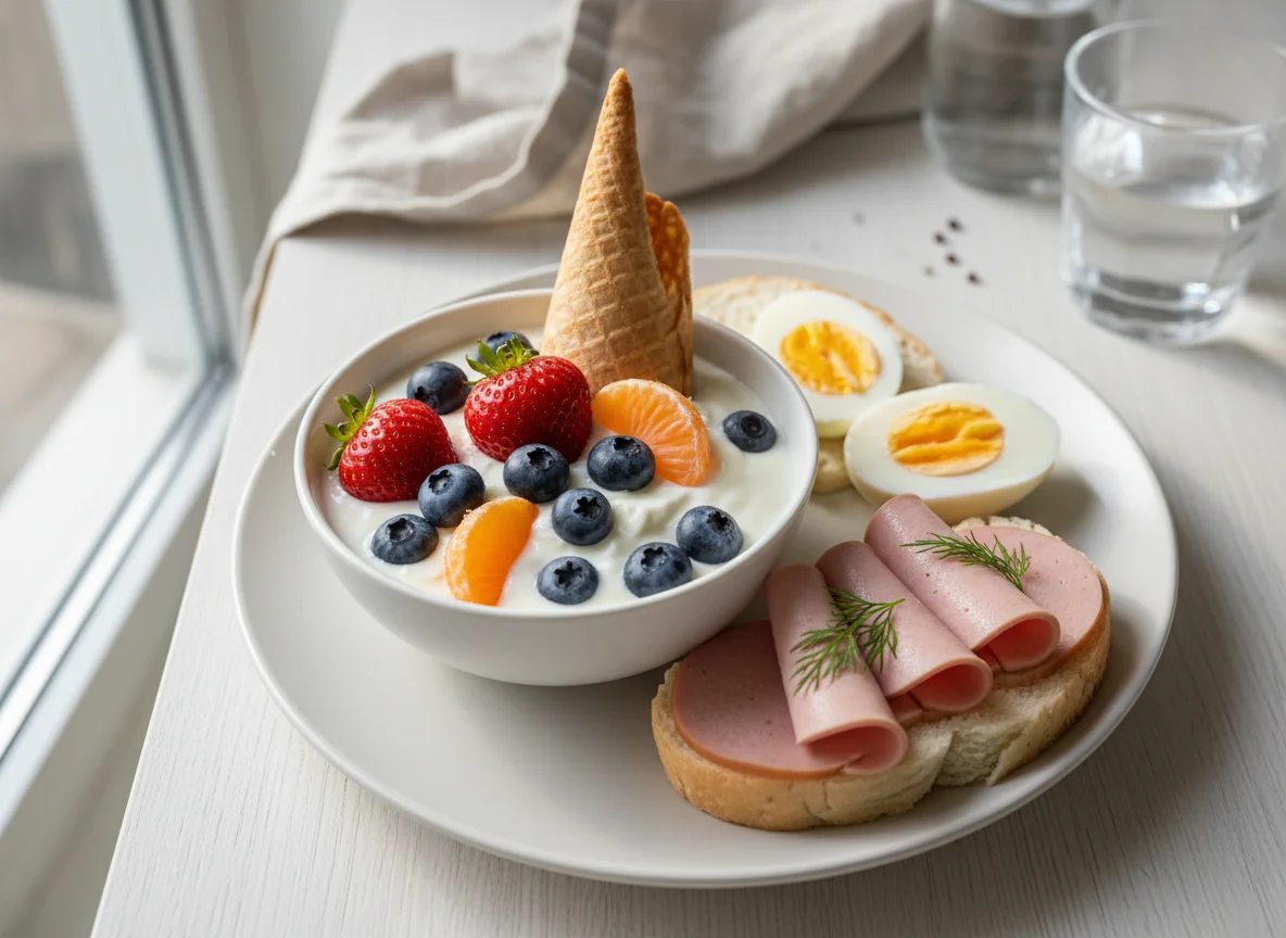 Завтрак с йогуртом, яйцами и бутербродом photo