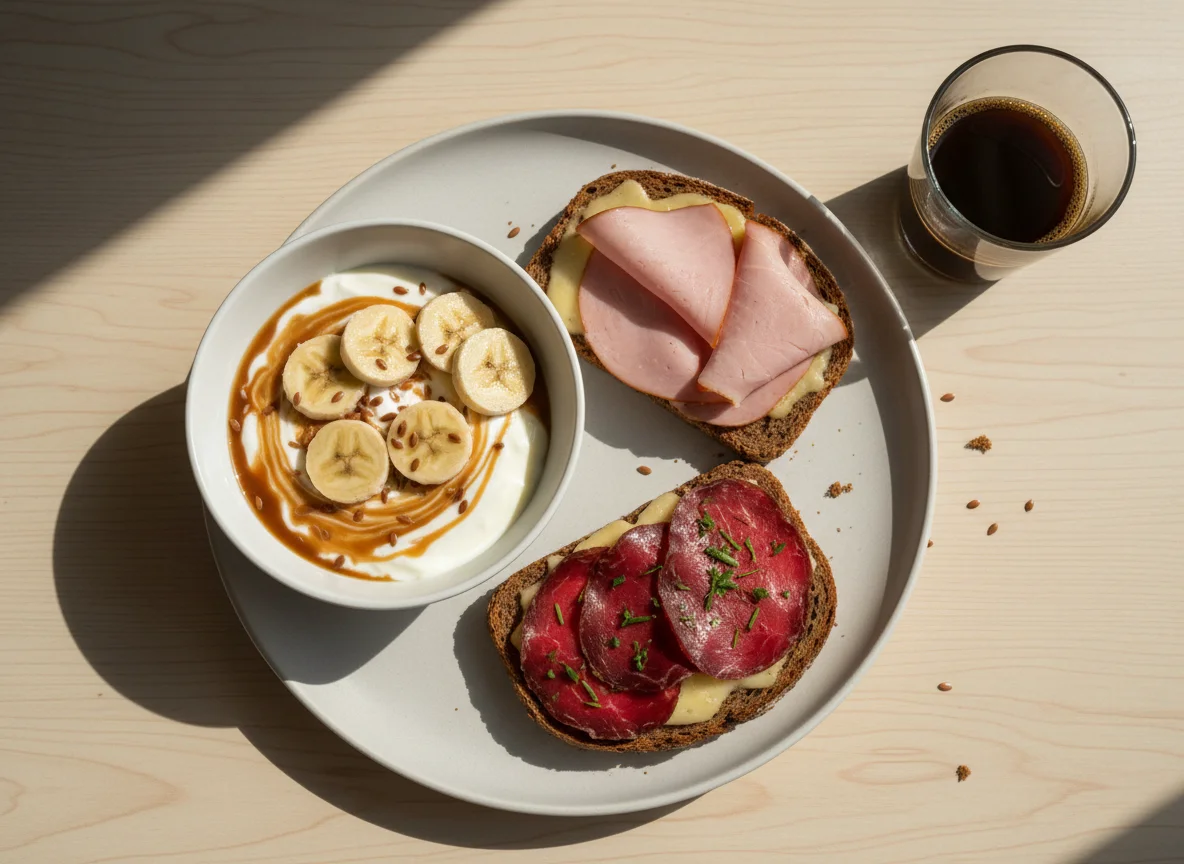 Завтрак с йогуртом, бананом и бутербродом photo