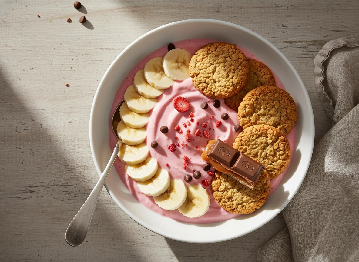 Завтрак с йогуртом, бананом и печеньем photo