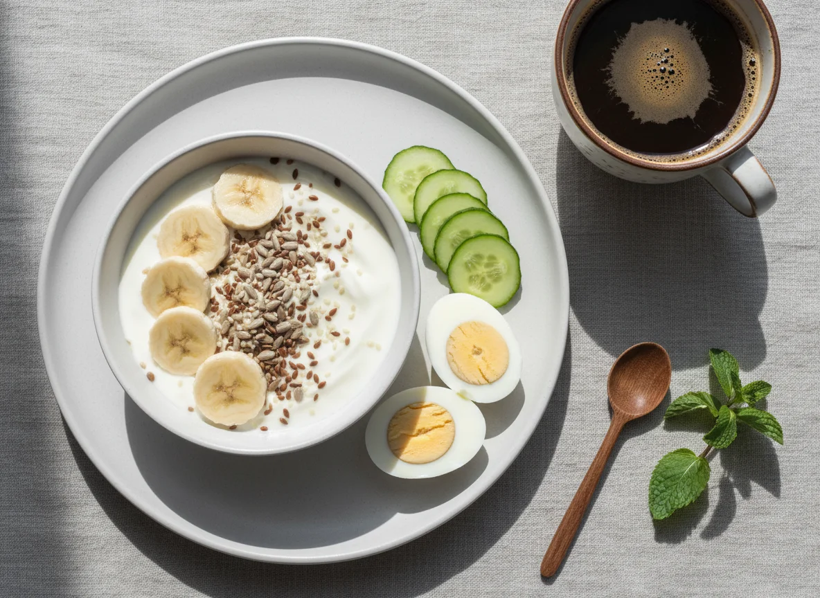 Завтрак с йогуртом, бананом, семенами, огурцом, яйцом и кофе photo