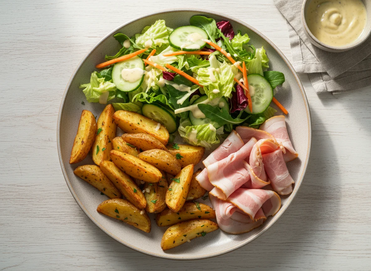 Завтрак с картофелем по-деревенски, ветчиной и салатом photo