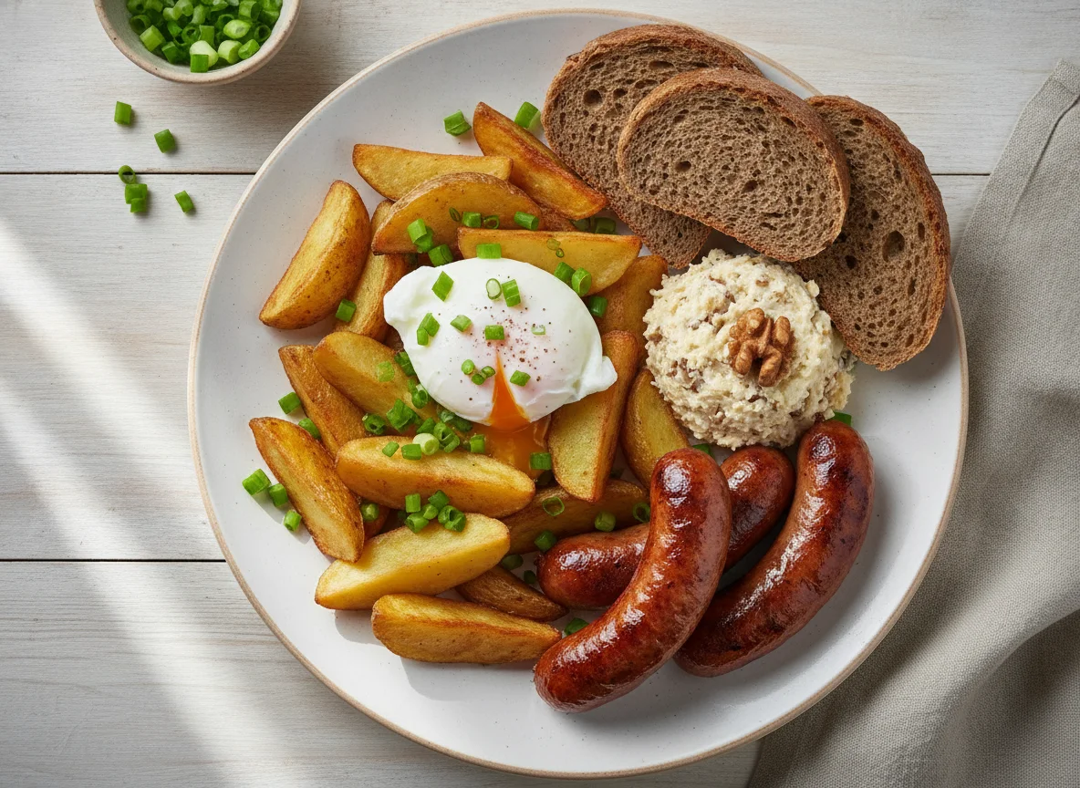 Завтрак с картофелем, сосисками и сыром photo