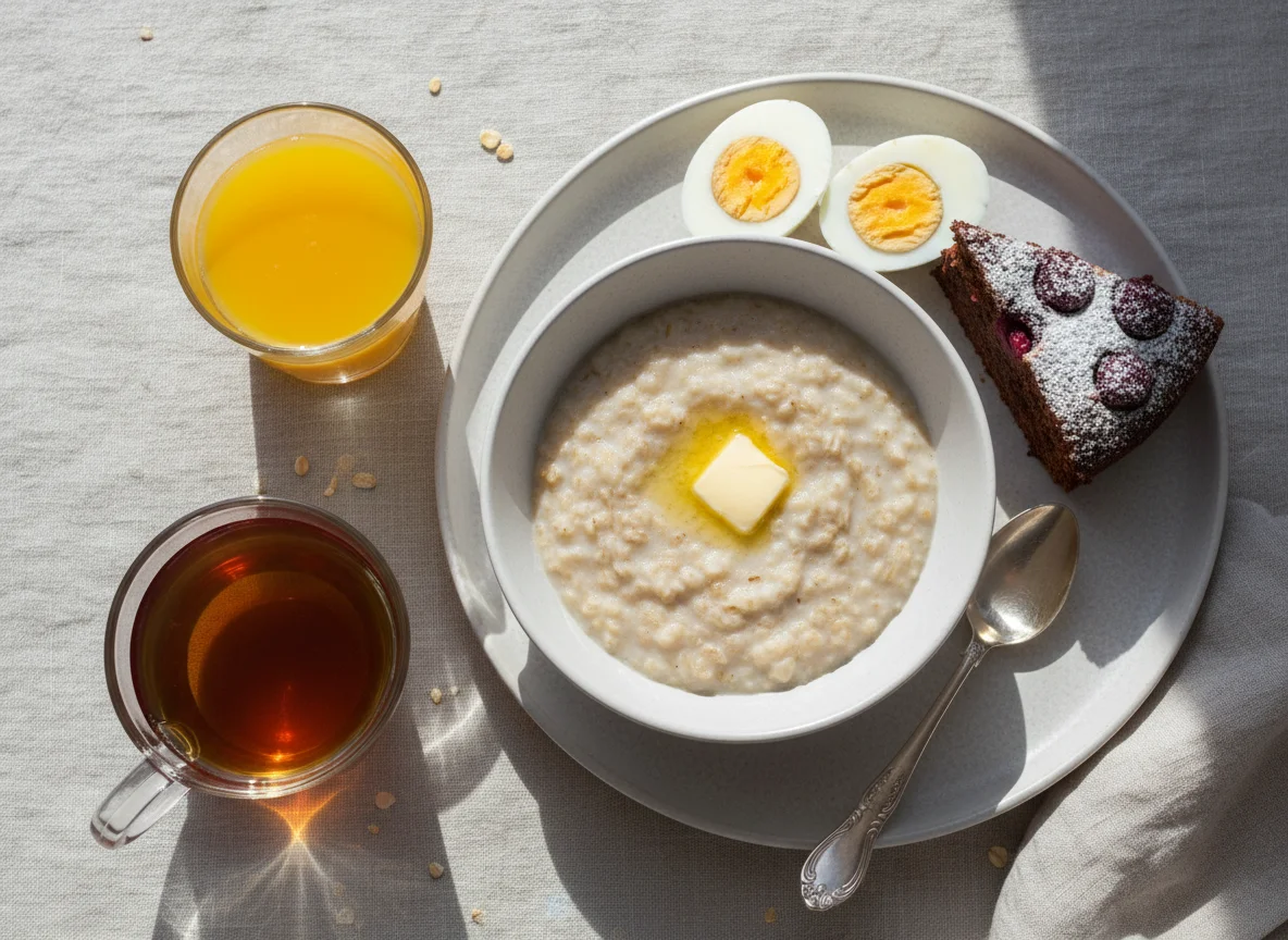 Завтрак с кашей, яйцами и десертом photo