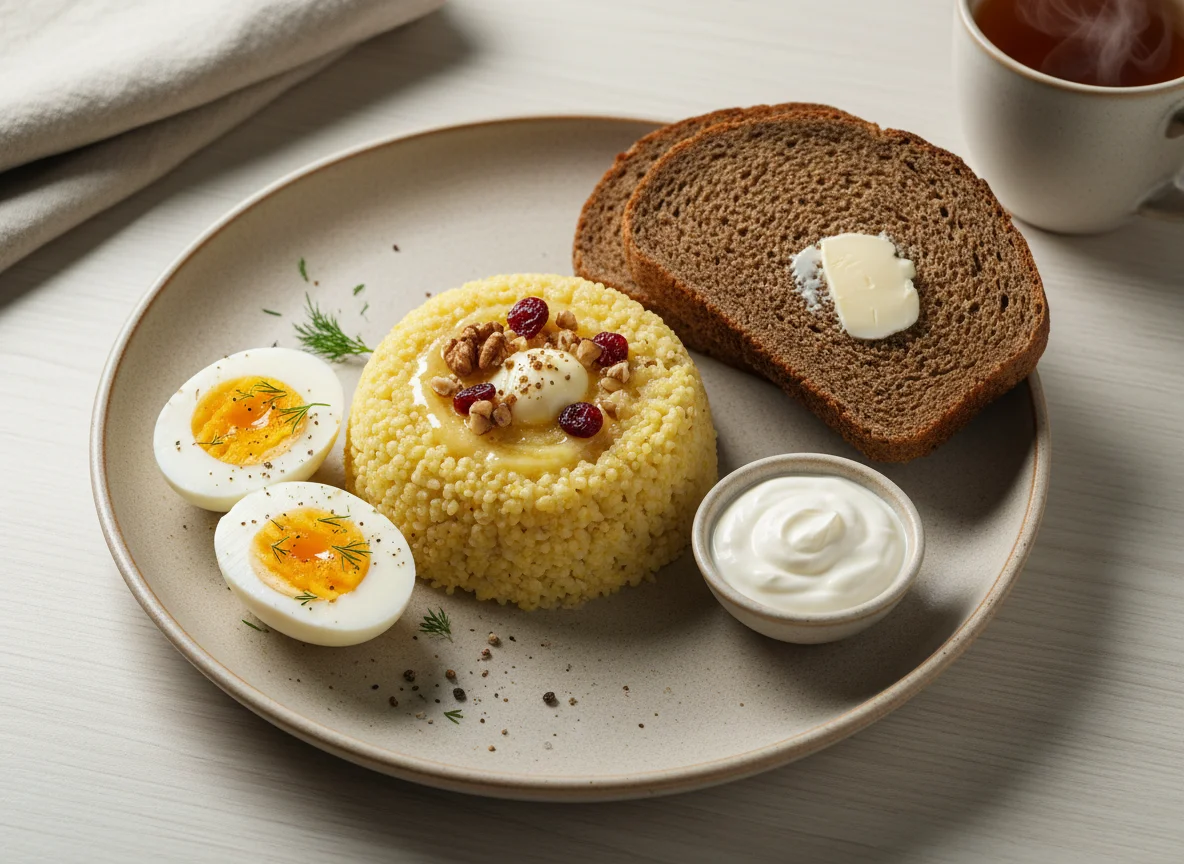 Завтрак с кашей, яйцами и хлебом photo