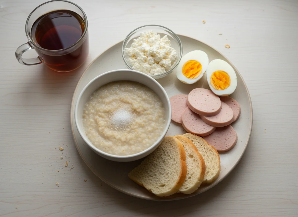 Завтрак с кашей, яйцами и колбасой photo