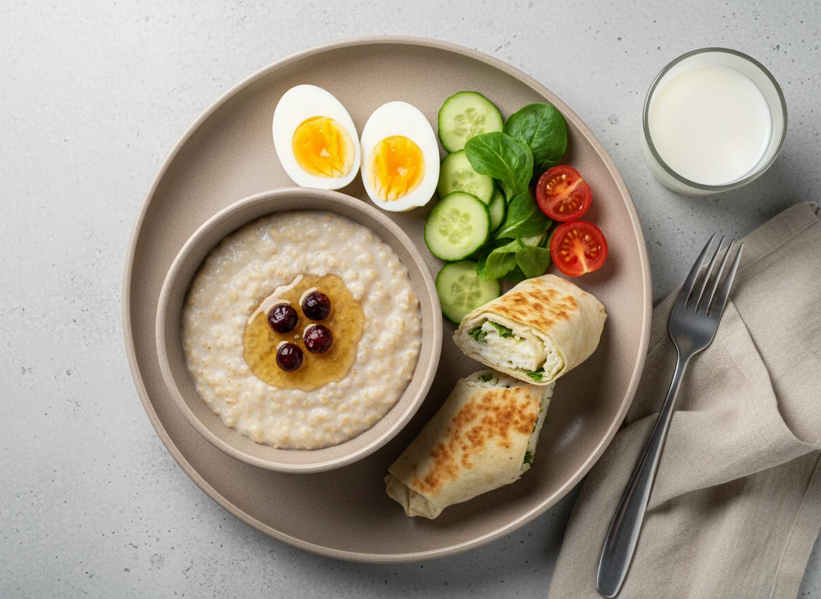 Завтрак с кашей, яйцами и овощами photo