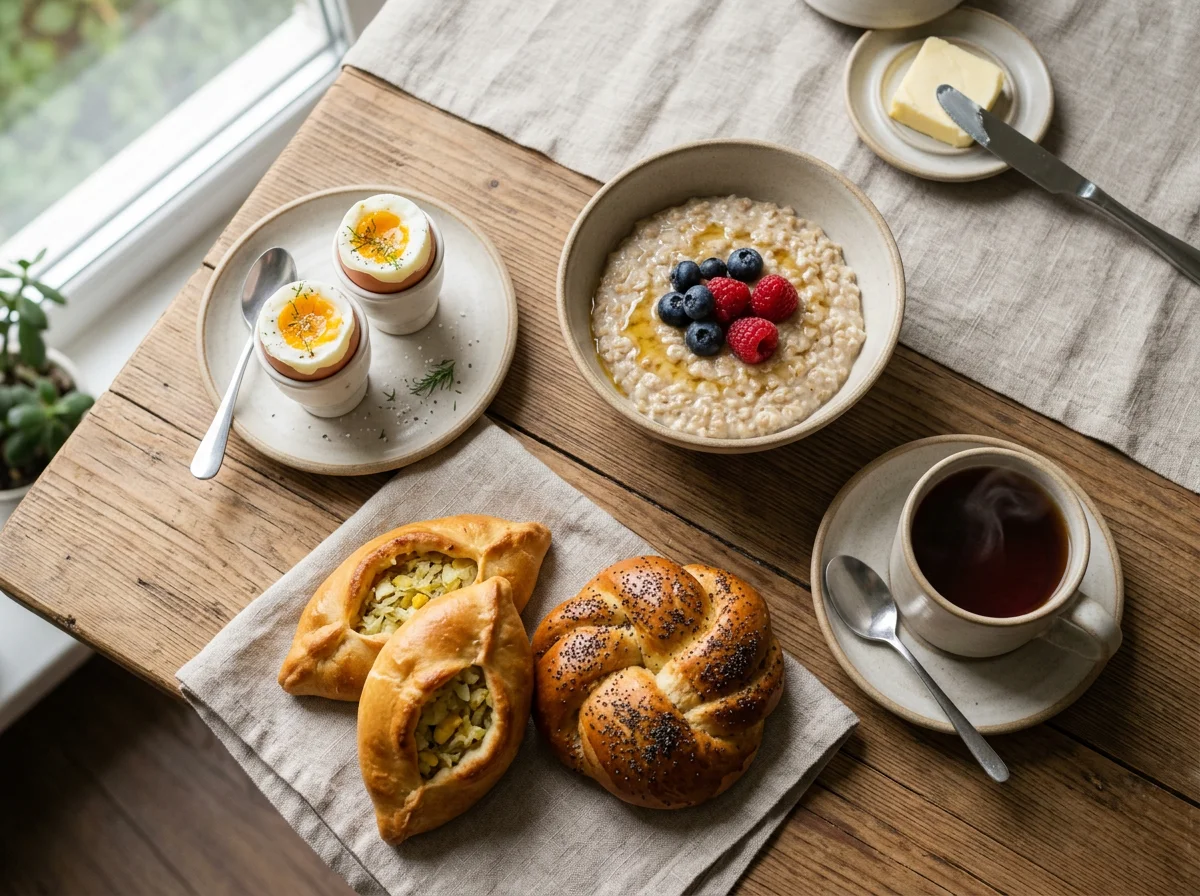 Завтрак с кашей, яйцами и выпечкой photo