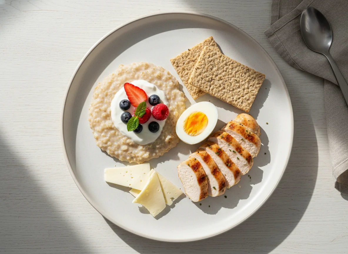 Завтрак с кашей, яйцом, хлебцами и курицей photo