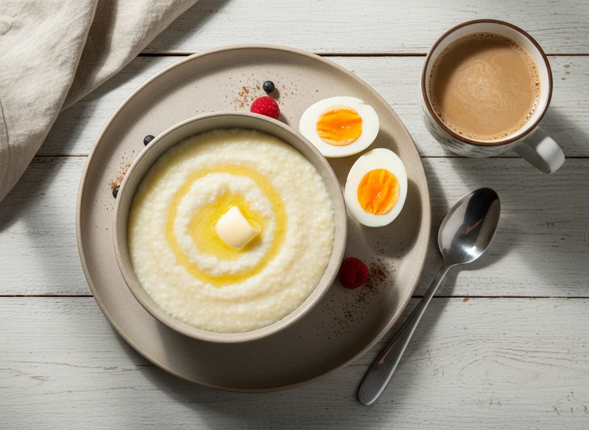 Завтрак с кашей, яйцом и кофе photo